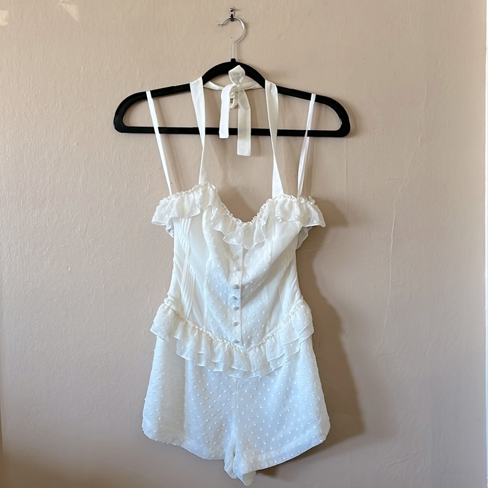 NWT bebe White Ruffle Swiss Dot Halter Convertible Romper XXS